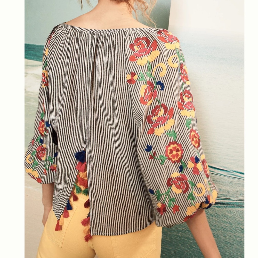 Anthropologie Floreat Soleil Embroidered Tassel Colorful top Size Small